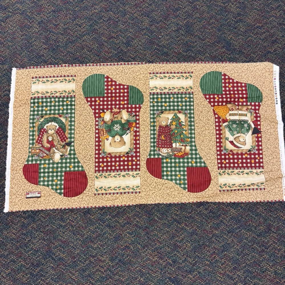 Vintage Debbie Mumm Teddy Bear Christmas Stocking Cotton Fabric Panel DIY